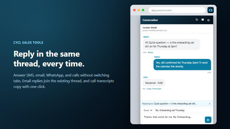 Cycl Sales Tools reply-in-thread feature