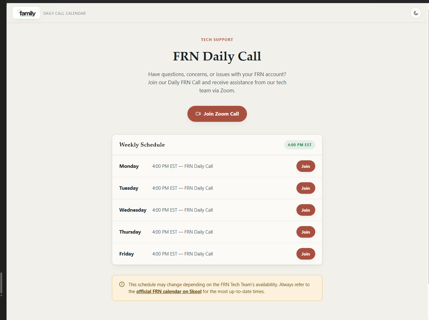 FRN Daily Call scheduling page built inside GoHighLevel
