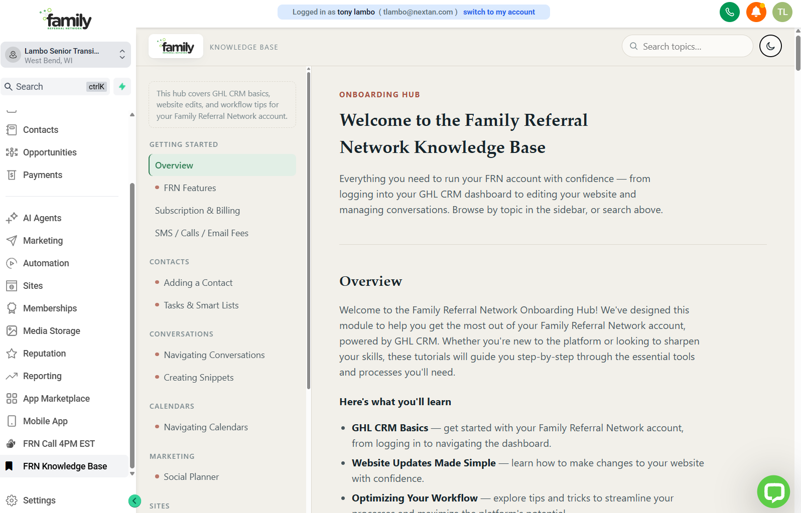 Family Referral Network self-serve knowledge base built inside GoHighLevel